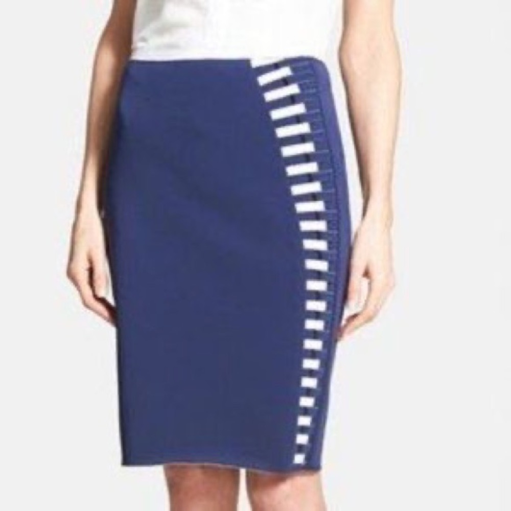 Rachel Roy New‎ Scuba Navy Blue & White striped Pencil Skirt